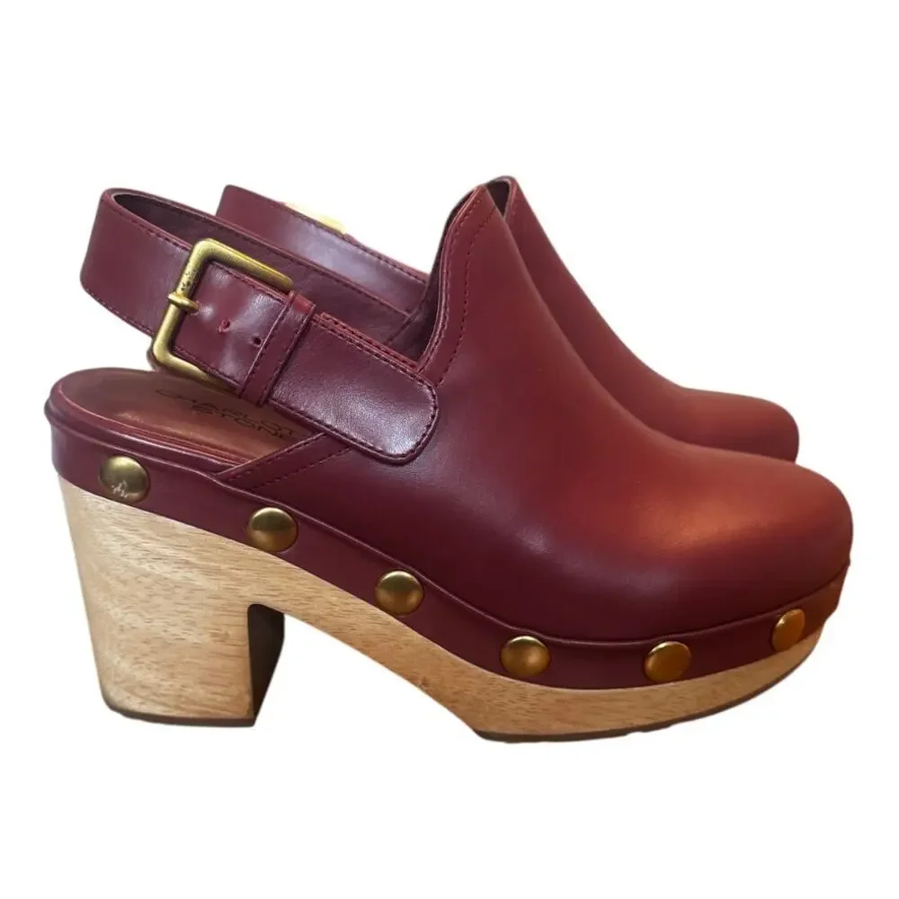 Charlotte Stone Burgundy Leather Studded Wooden Platform Clogs Slingback Heels 8